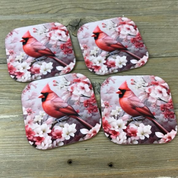 Male Cardinal and Flowers Set of 4 Coasters - Picture 6 of 7